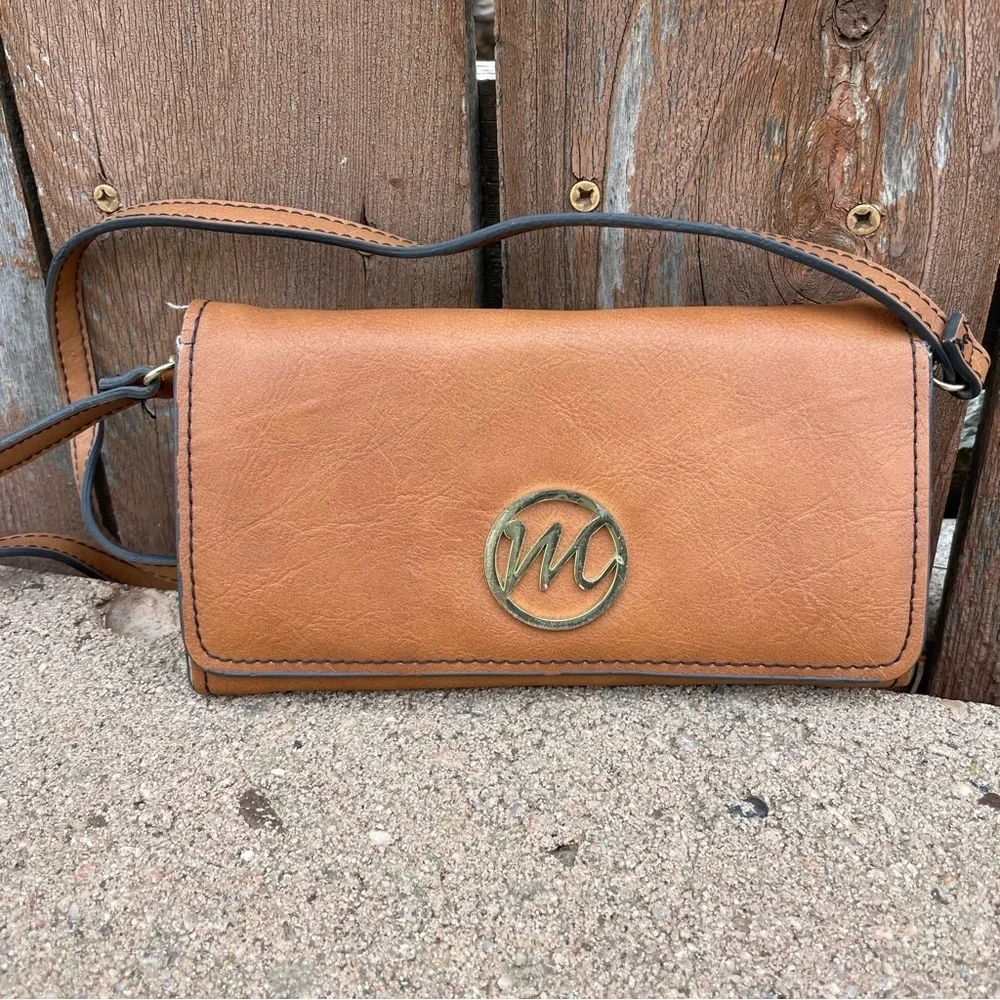 Women’s Brown Wallet Gold Logo and Shoulder Strap